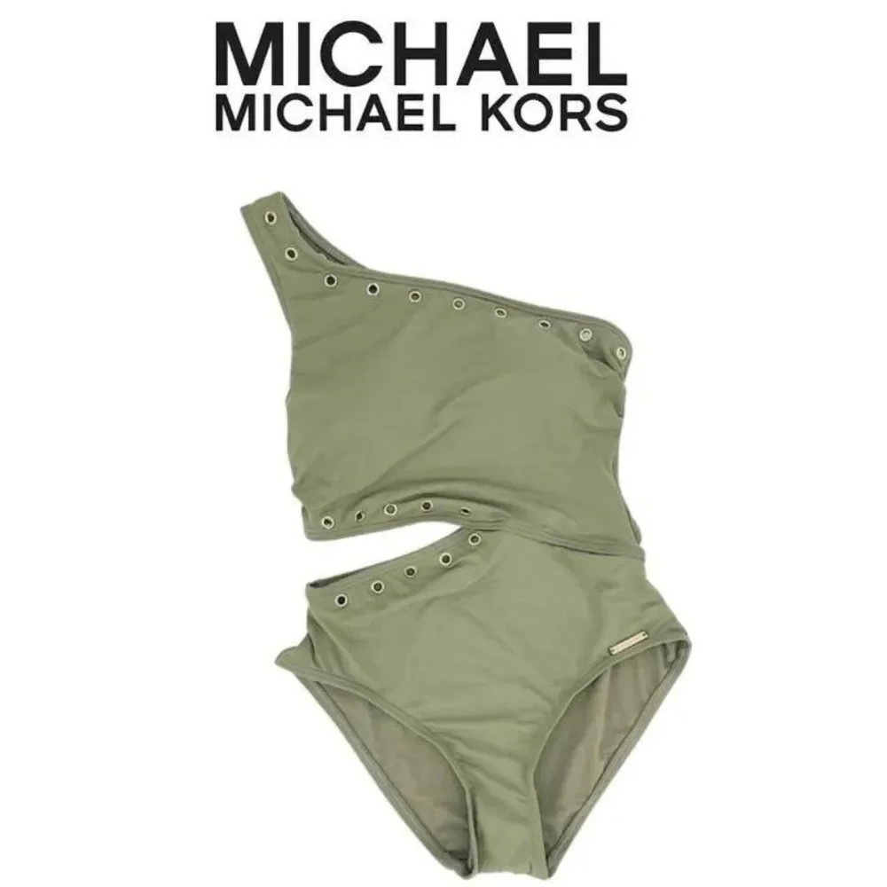 Michael Kors Women's Grunge Luxe One Shoulder army green Studded Swimsuit Size 8